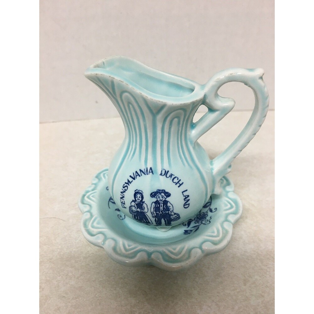 Vintage Ceramic Miniature Blue Pitcher & Basin Under Plate Saucer Japan